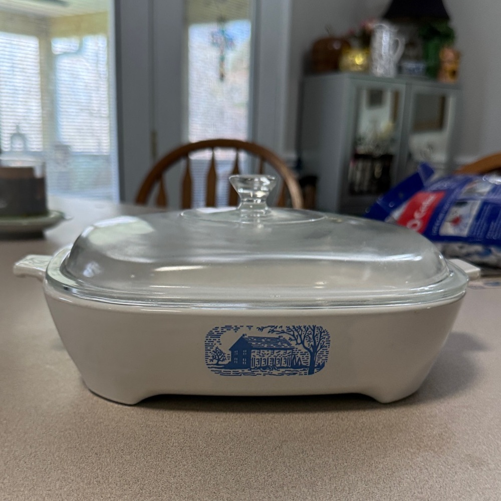 Corningware White Ceramic Casserole Dish with Blue Colonial Motif and Glass Lid